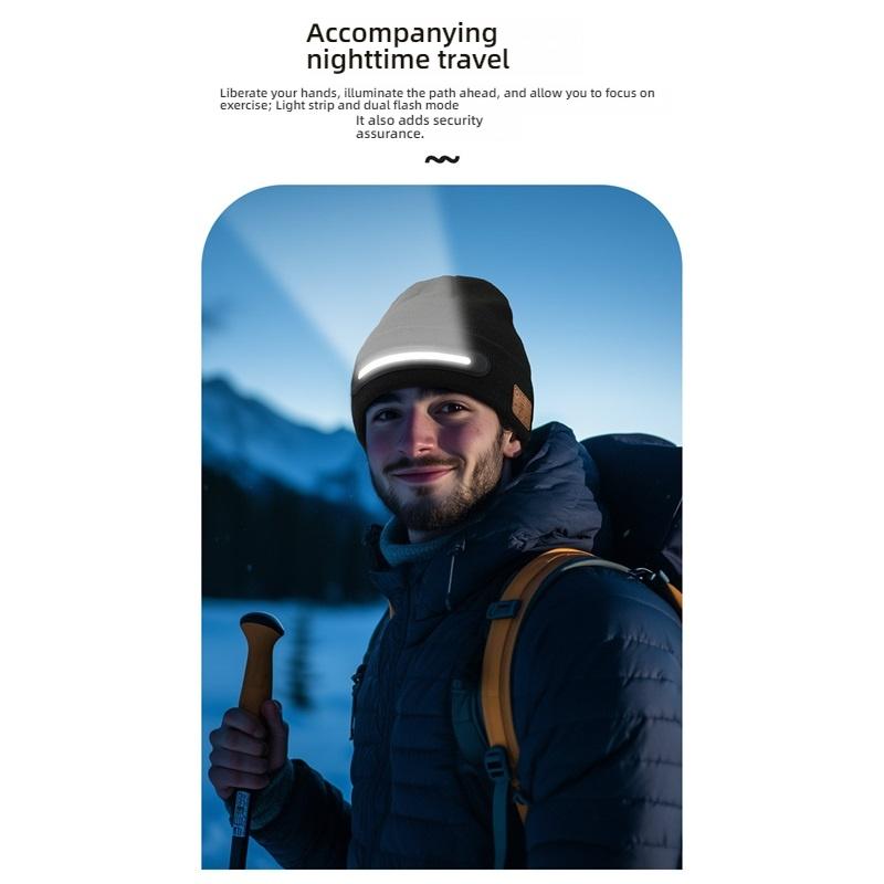 Wireless Bluetooth 5.4 Music Beanie Hat with LED Headlight, IPX5 Waterproof Stereo Headphones for Outdoor Sports