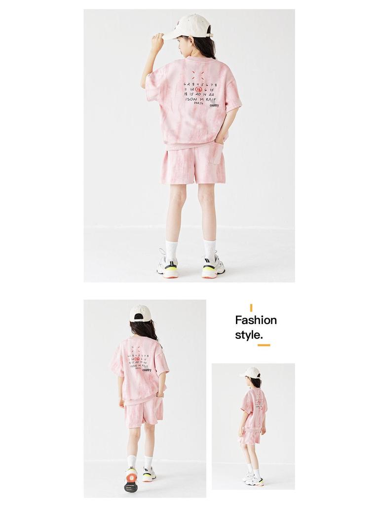 2025 Korean Style Girls' Tie-Dye Short Sleeve Pants Set - Fashionable Big Kid Sports Two-Piece Outfit