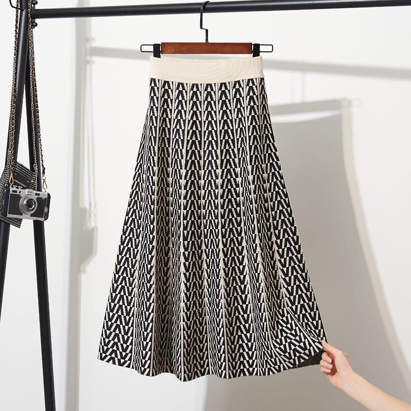Striped Knitted Half Length Skirt for Women Autumn and Winter Thickened A-line Skirt High Waist Skirt