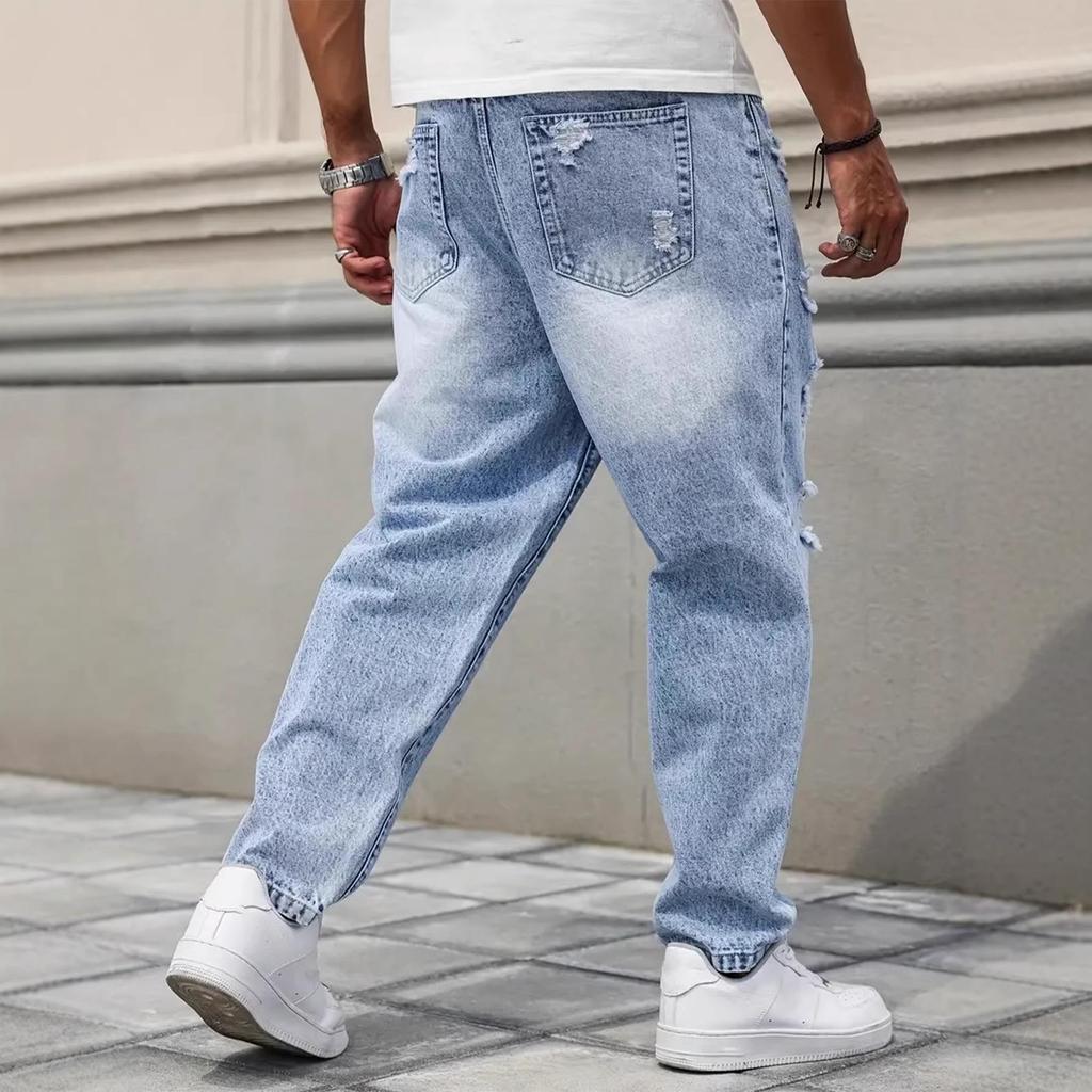 Pantaloni di jeans da uomo azzurro chiaro a gamba dritta strappati