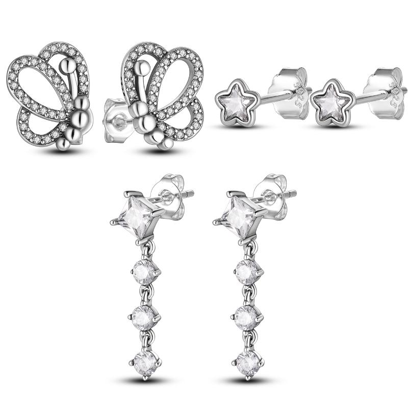 

Trend New Sparkling CZ Round Square Star Butterfly Stud Earrings For Women Girl Silver Earrings for Teens Luxury Jewelry