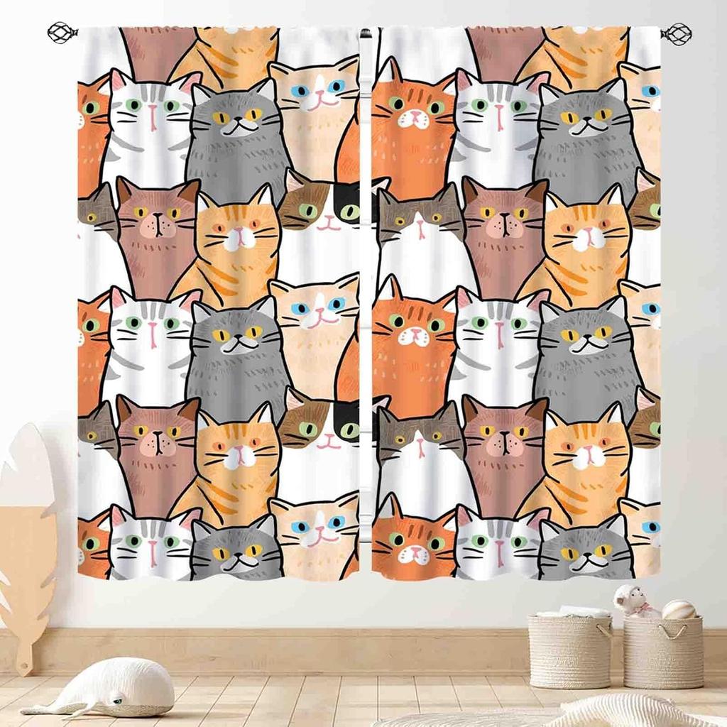 Cat Curta, Cartoon Cute Lovely Kitten Kawaii Cat Pets Funny Animals Gray Blackout Window Drapery Treatments For Living Room