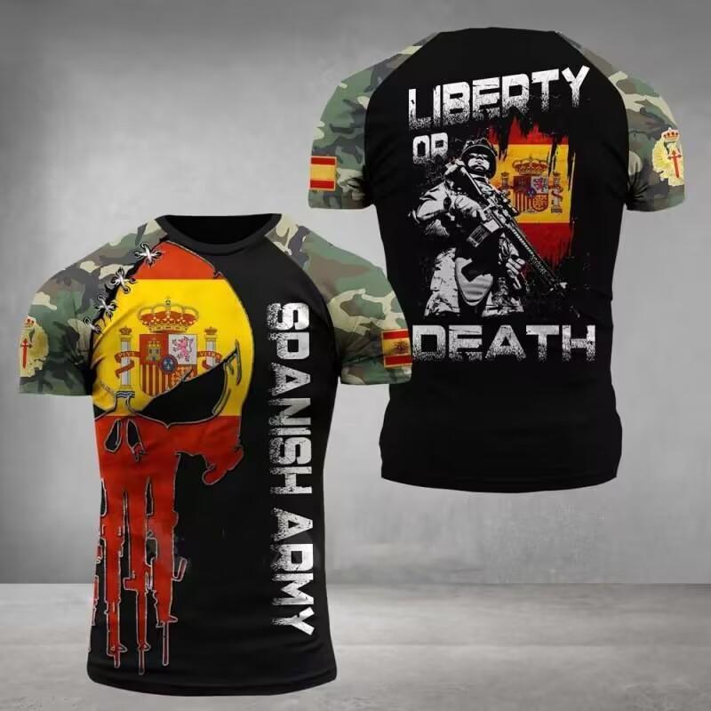 Summer Round Neck 3D Spanish Flag Veteran Print Top Fashionable Casual Short Sleeved Men's T-shirts