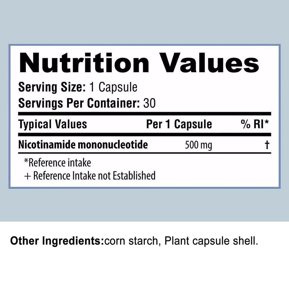 NMN Nicotinamide Mononucleotide 500mg, 30 Capsules Food Supplement