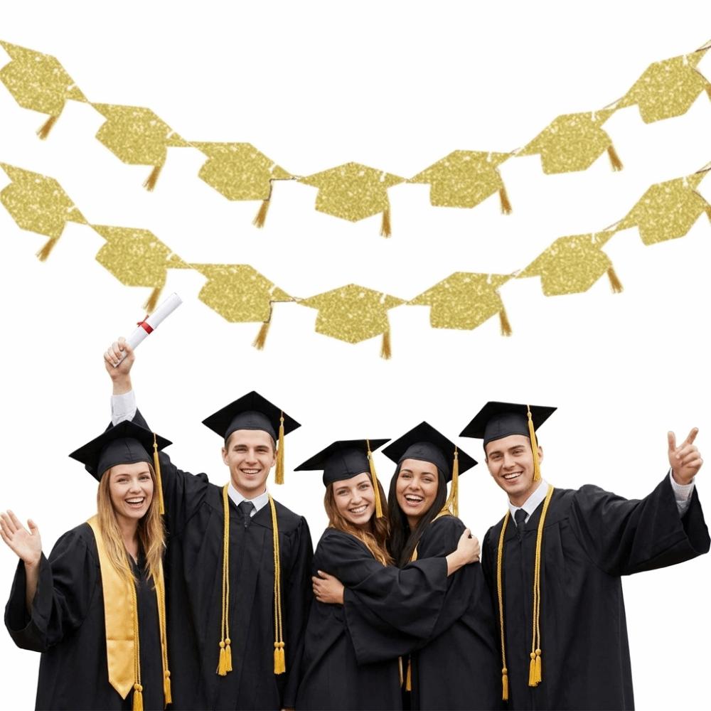 2Pcs Reusable Graduation Party Banner Shining Glitter Decor Bachelor Hat Banner with Tassels Celebration