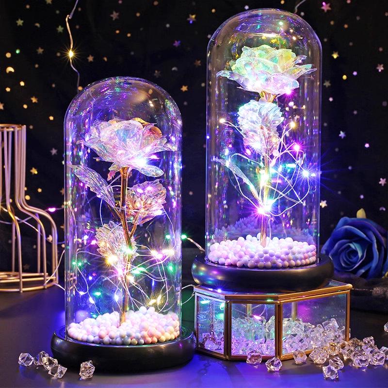 LED Rosegold Folie Konservierte Blume Glaskuppel - Kreatives Geschenk für Valentinstag & Frauentag