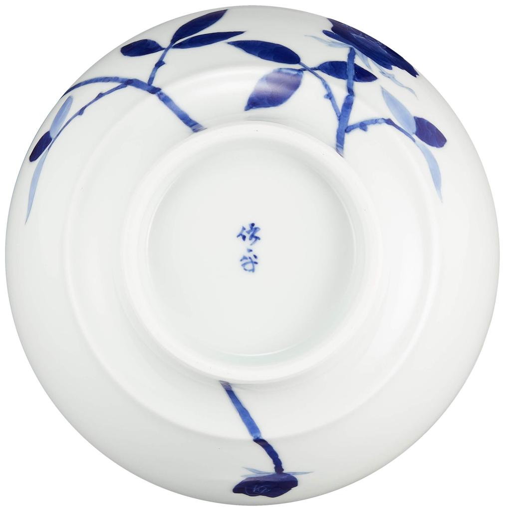 Arita Ware Denpeigama "Ultimate Ramen Bowl" Blue Rose Design, Approx. 18cm Diameter x 8cm Height, Ceramic Ramen Bowl, Microwave and Dishwasher Safe,