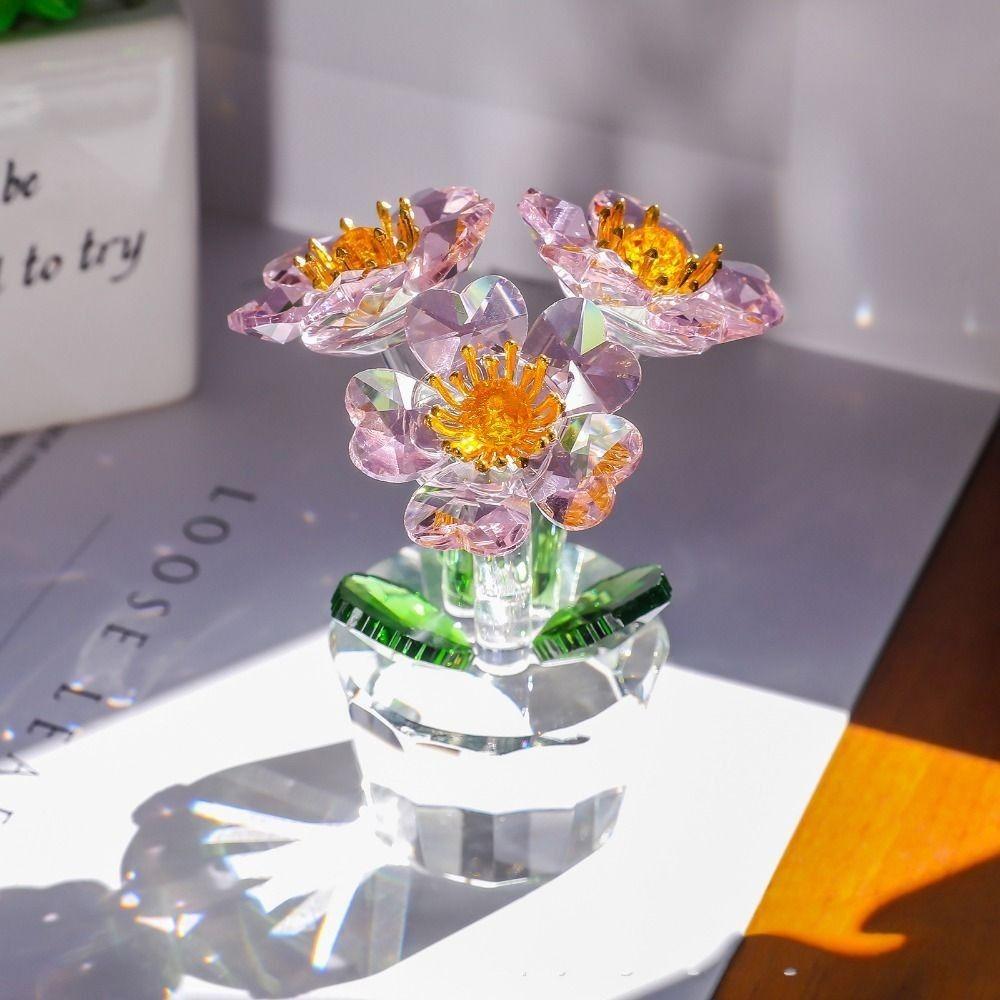Handcraft Crystal Flower Statue Ornament Clear Base Artificial Flower Figurine Rose Tulip High Transparence