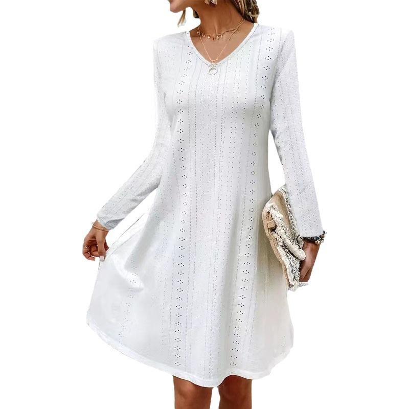 Women's Fashion Hollow Out Jacquard V-neck Long Sleeve Dress
