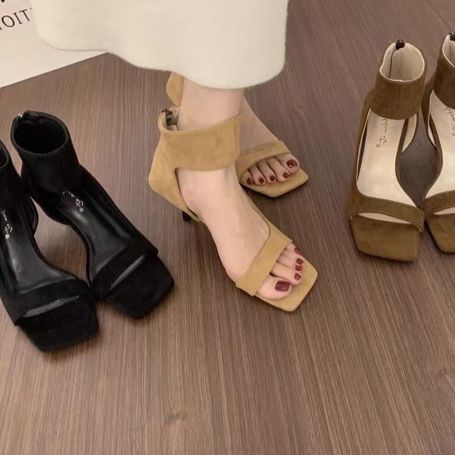 

2025 summer new high-heeled sandals rear zipper round head women s sandals 39 коричневый