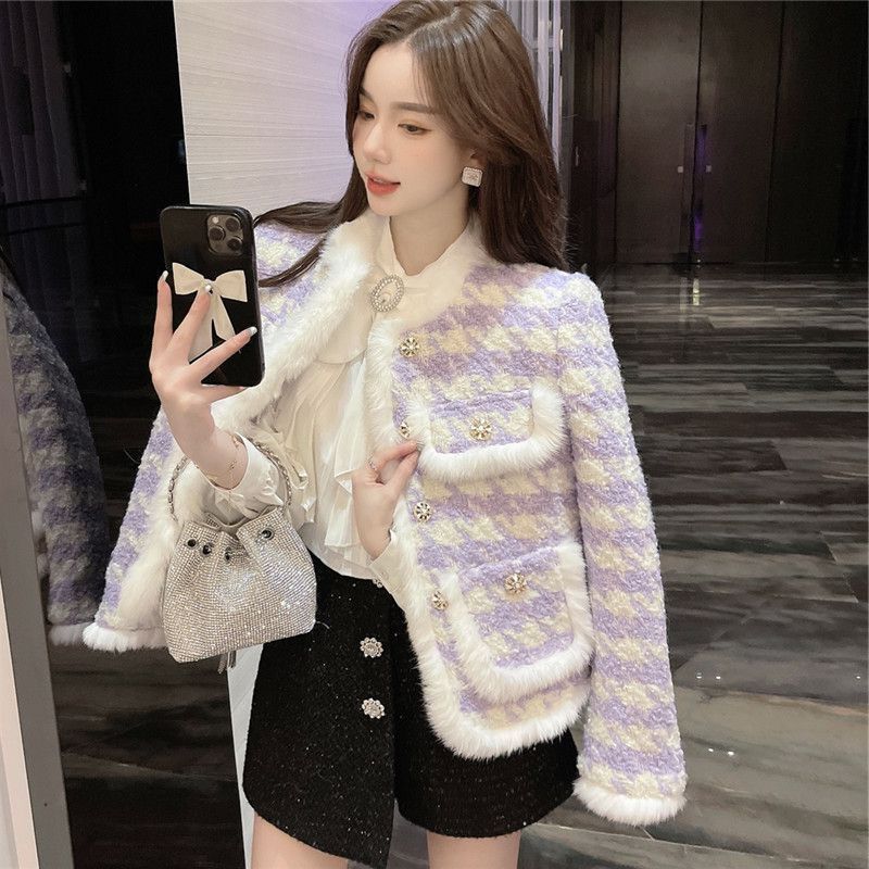 Violet Plaid Fur Women's Ort Sle Autumn Winter Small Fraance Wind Ele Coat