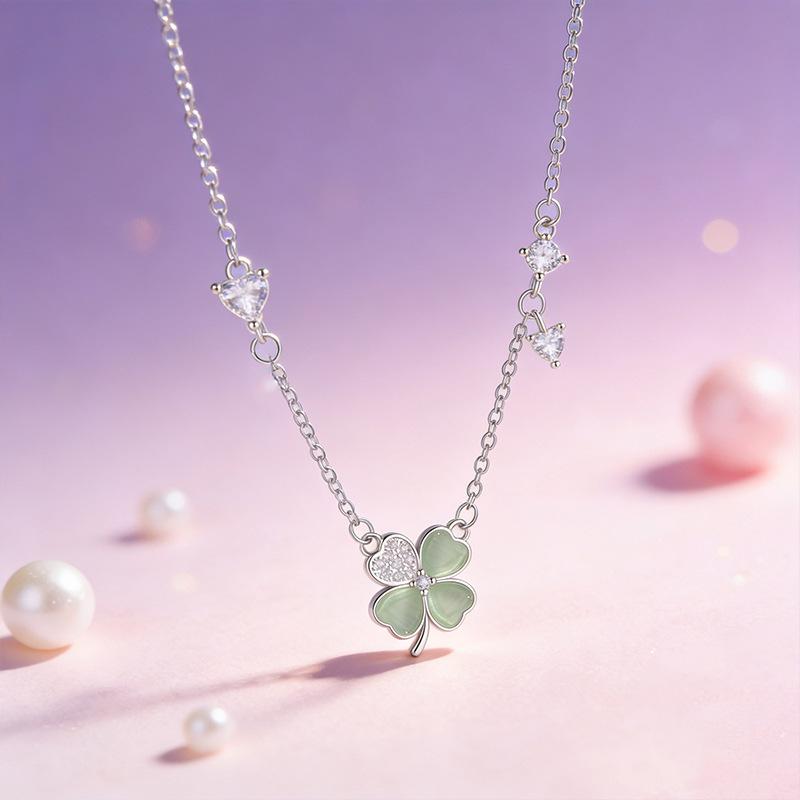 

925 Sterling Silver Jewelry Simple Crystal Opal Lucky Flower Necklace Pendant for Women Wedding Party Jewelry Girls Friend Gift Silver Plated зелёный