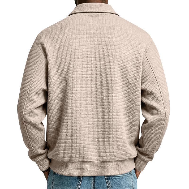 Men's Waffle Knit Full Zip Jacket Lapel Collar Long Sleeve Casual Lightweight Coat with Zipper Pockets for Spring and Fall Daily Wear