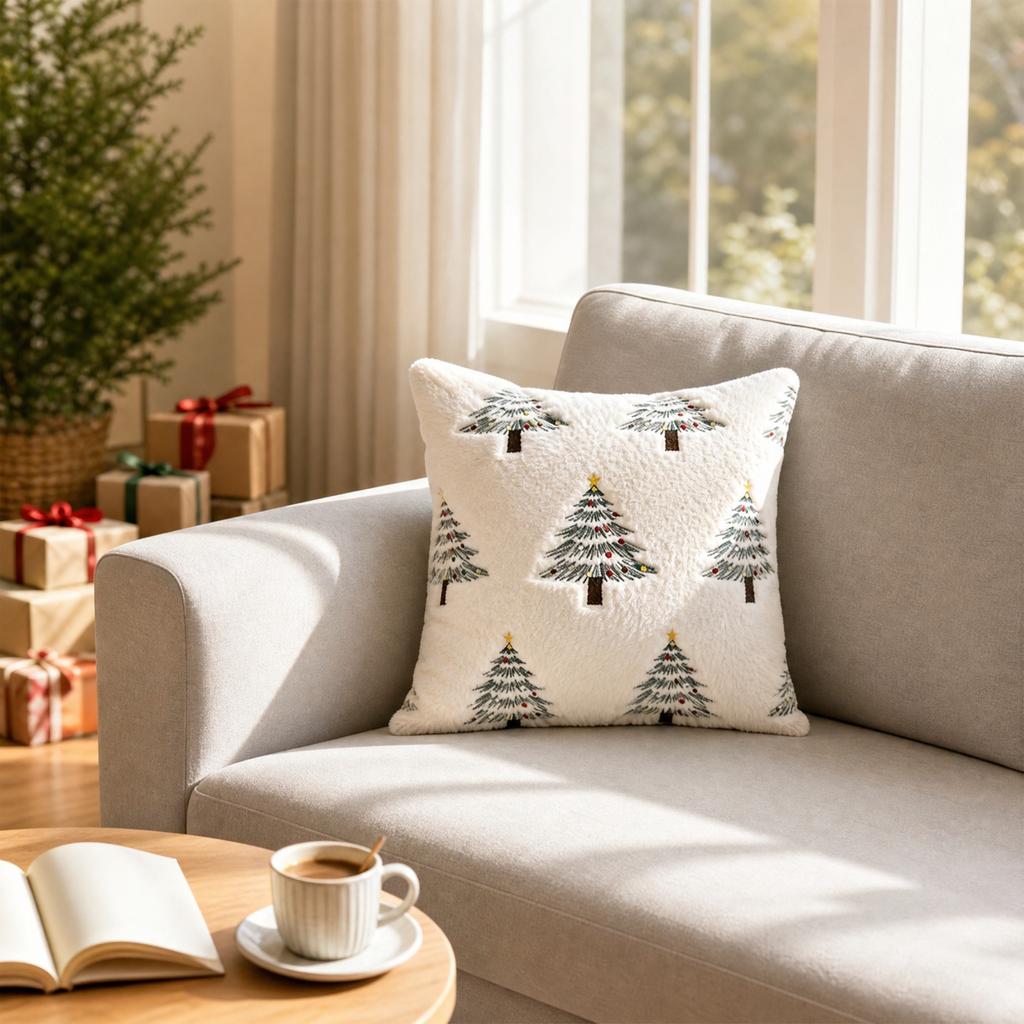 Christmas Embroidered Cover with Lights Pattern, 45 Cm Square Throw Case for Holiday Home Decor