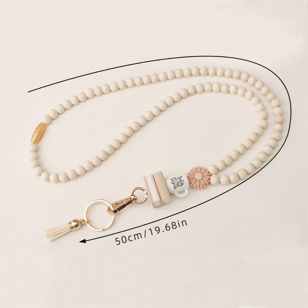 Wood Teacher Lanyard Pink Daisy Beads ID Holder Strap Fashion String for ID Badges  Keys