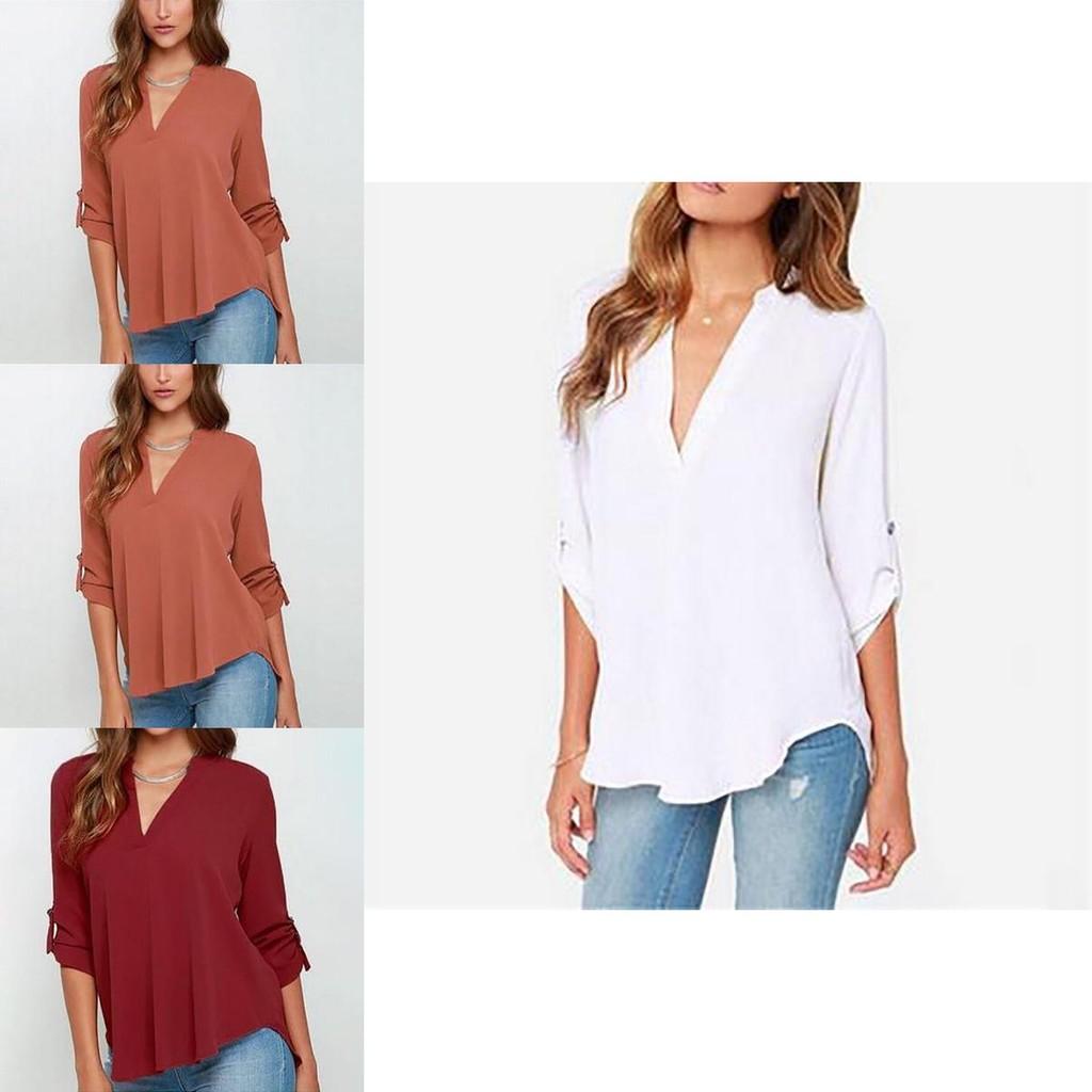 Stilvolles Damen Casual Langarm V-Ausschnitt T-Shirt Pullover Tunika Bluse Optionen