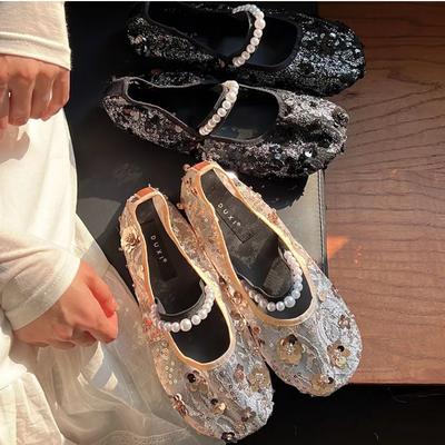 Fashion Bling Bling Mesh String Bead Ballet Flats Women Luxury Designer Brand Mary Jane Sandals Comfort Elegant Soft Sole Casual Shoes