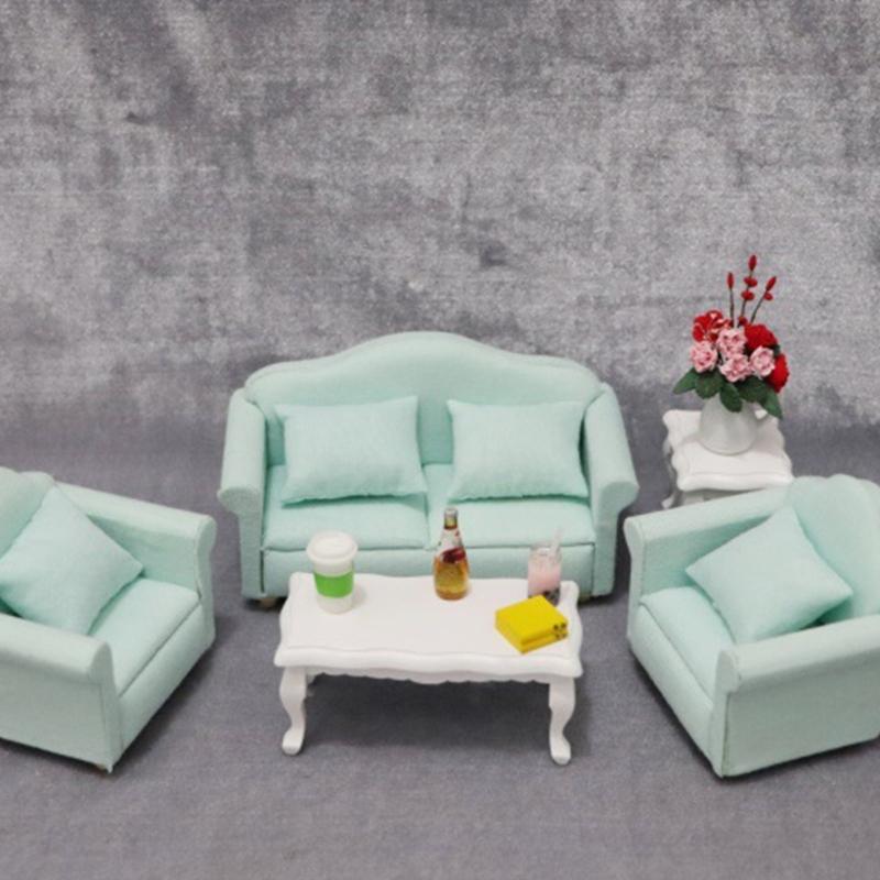 Living Room Sofa Set 1/12 Scale Wooden Base Cloth Covered Mini Furniture for Doll House Accessories and Collectibles