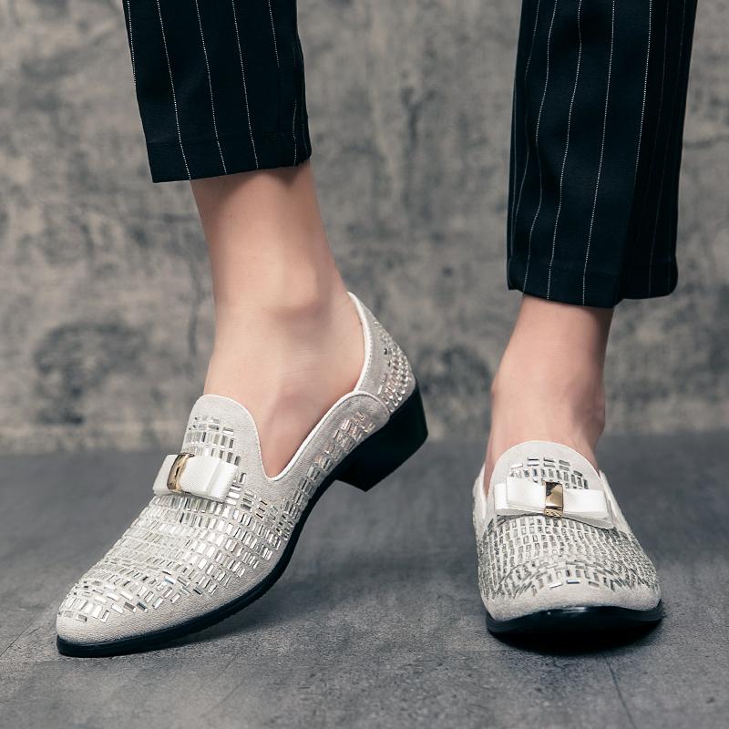 Luxury Designer Men Glitter Bowtie Rhinestone Gentleman Formal Loafers Male Wedding Prom Homecoming Shoes Zapatillas Hombre