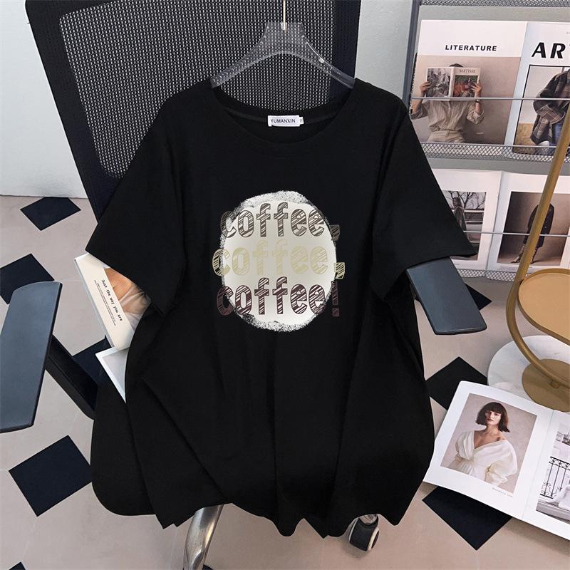 Women's Plus Size Mid-Length Loose Short-Sleeve Slimming T-Shirt (Sizes 200-350 Jin)