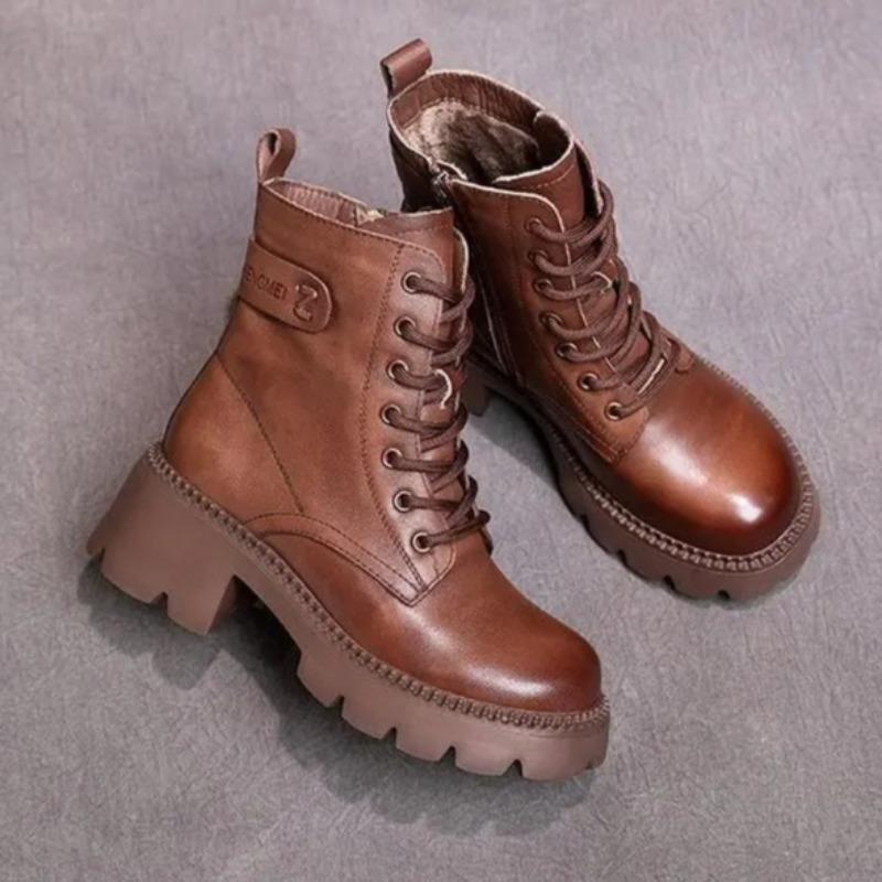 Trend Women Shoes Autumn Non-slip Leather Boots Zip Round Toe Shoes for Women Concise Leisure Sewing Platform Boots Botas Mujer
