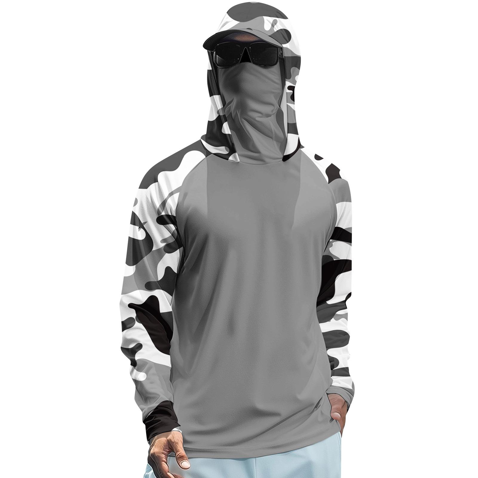 

Long Sleeve Hooded Shirt with Face Covering and Camouflage Print Lightweight Stretch Fabric Pullover Top for Outdoor Activities XL небо синє кольору