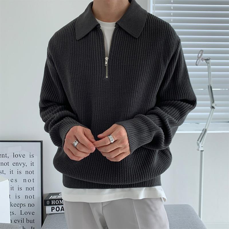 Literary Knitted Sweater Men's Lapel Sweater Loose Men's Half Zipper Polo Collar Spring and Autumn Coat Retro Versatile Sweater