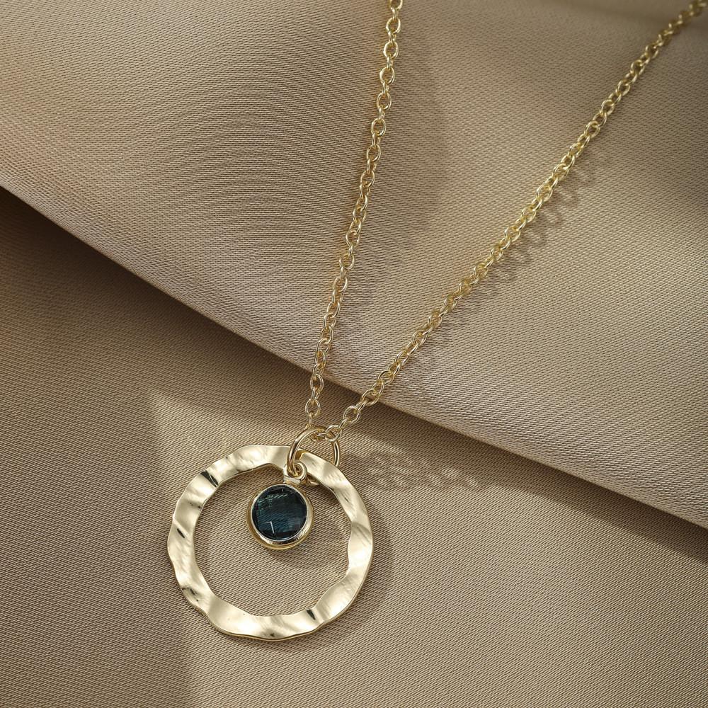 Stylish Gold And Sea Blue Glass Drop Necklace With Chic Circular And Ring Elements For Women