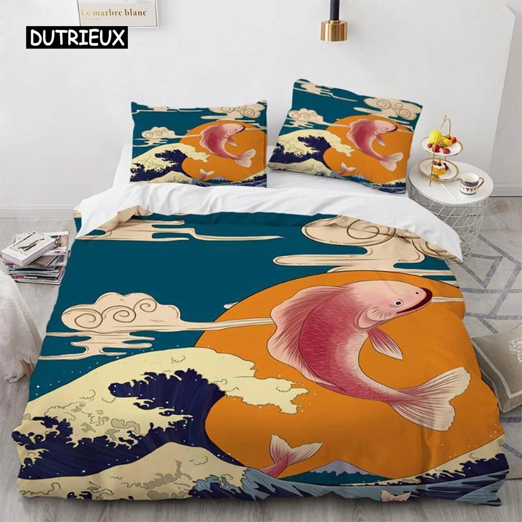 Wave Duvet Cover Set Hokusai Pattern Japanese Ukiyoe Quilt Cover Oriental Sketch Style Ocean Queen Twin Polyester Bedding Set