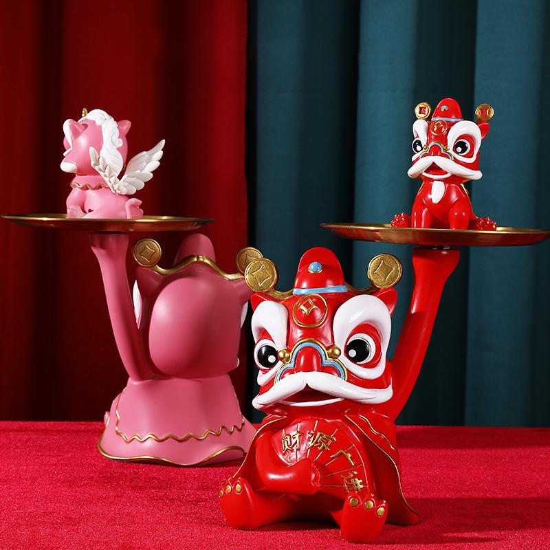 Chinese Lion Dance Ornament Entryway Desktop Key Tray Jewelry Cosmetic Storage Saucer Decoration Candy Plate