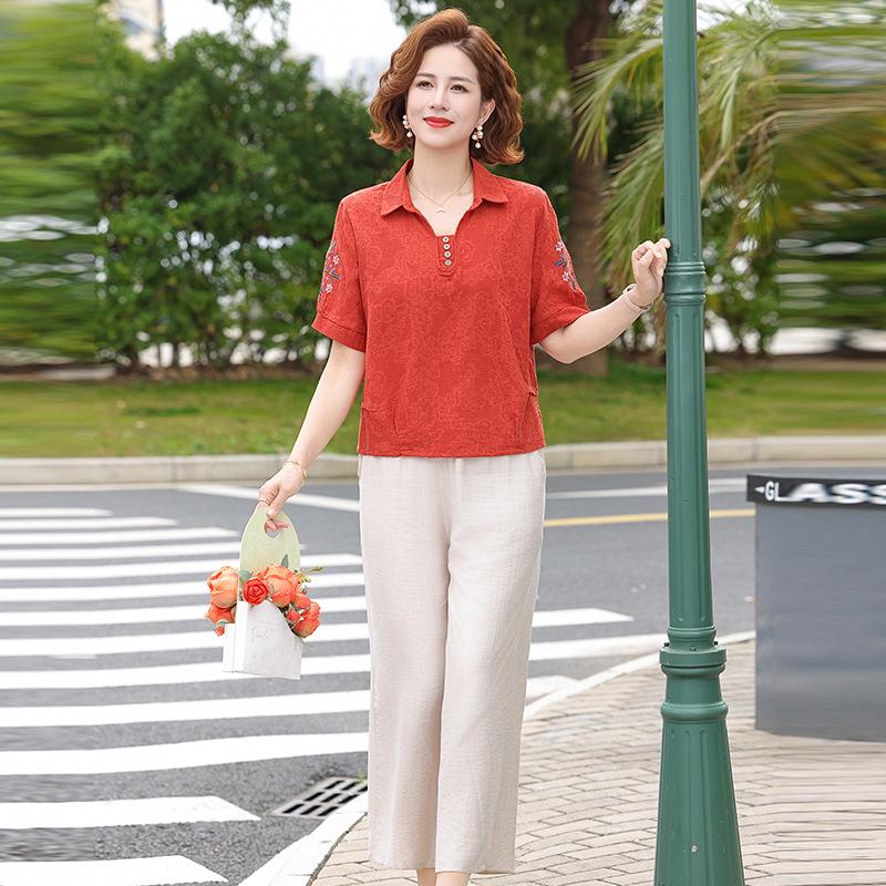 Casual Cotton Linen Short Sleeve T-shirt for Women - Loose, Breathable Summer Top with Lapel for Middle-aged and Elderly. 4XL