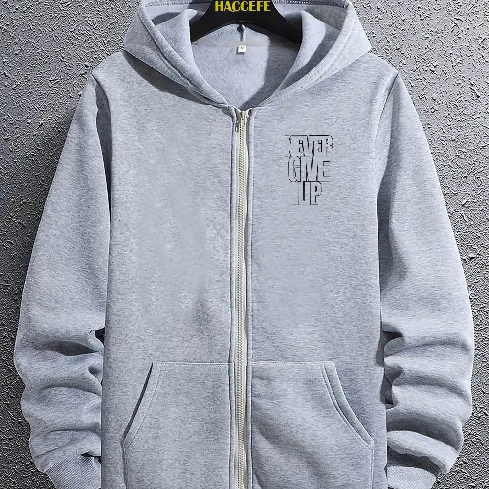 Men'S Zip Up Hoodie Never Give Up Motivational Jacket, Full Zip Closure Hooded Sweatshirt, Front