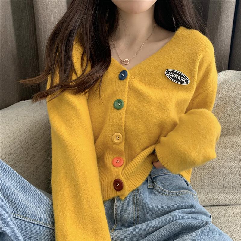 Women Sweater Cardigan Solid Korean V-neck Knitted Cardigan Lady Casual Slim Colorful Single Breasted Short Jumper Coats