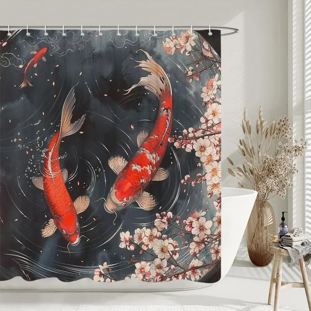 Chinese style Shower Curtain Koi Fish Cherry Blossom Sun Sea Wave Octopus Landscape Polyester Fabric Curtains Bathroom Decor
