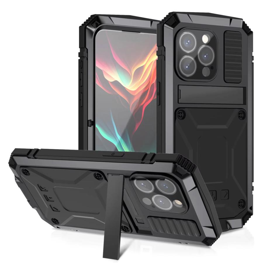For iPhone 15 Pro Max 15 Plus 15 Shockproof Aluminum Metal Case Heavy Duty Protective Cover Screen Protector Built-in Kickstand