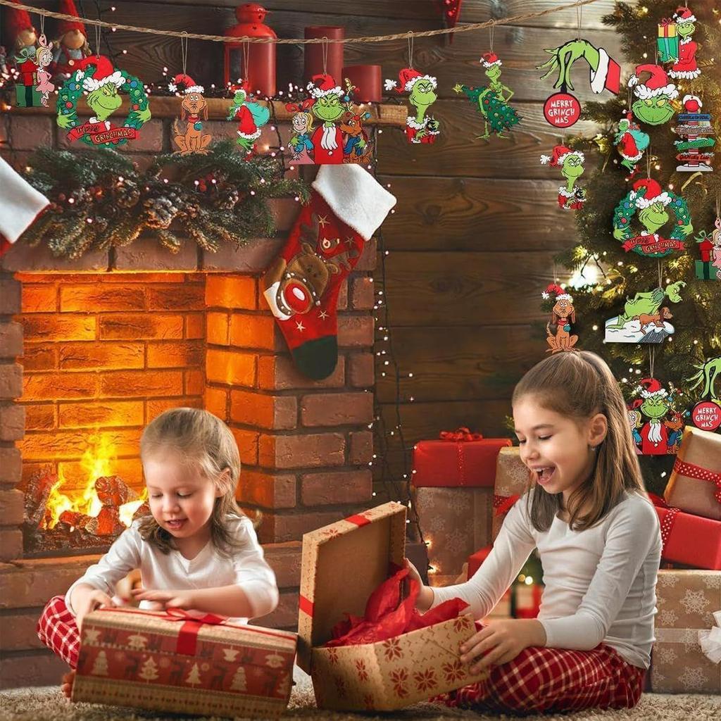 24 Stück Lustige Grinch Weihnachtsdekorationen Weihnachtsbaum Holz Hängeornamente Sortierte Grinch-Motive Weihnachtsbaumschmuck