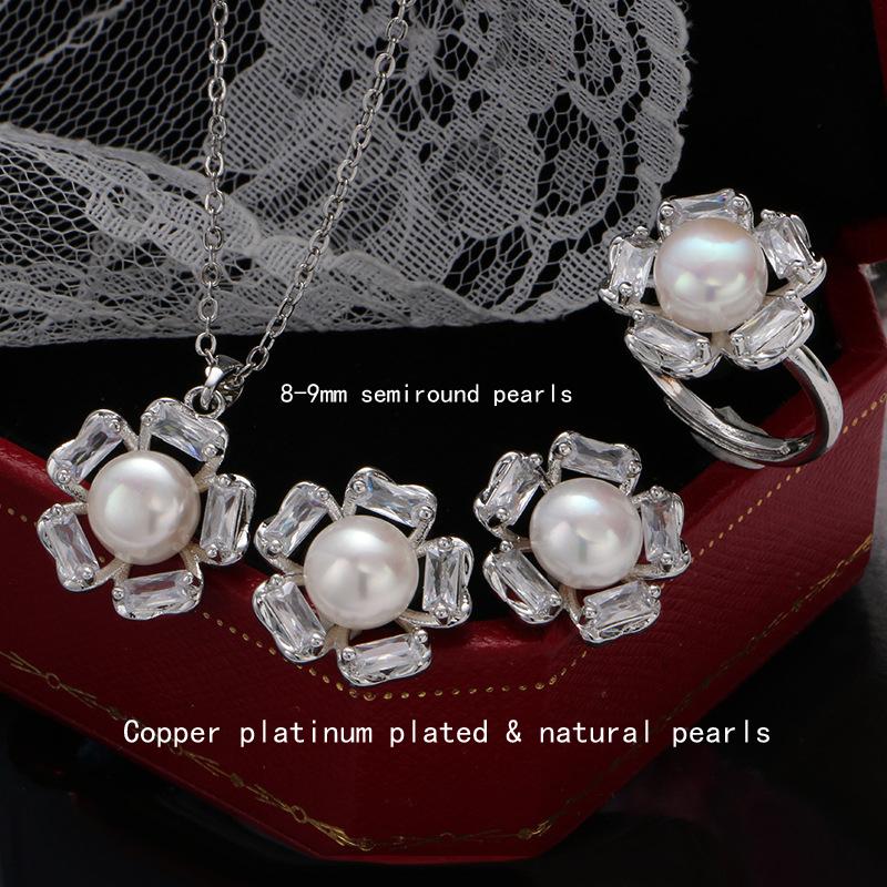 French retro pearl set, women s cool style flower three piece set new light luxury jewelry set fashionable and high-end feeling
