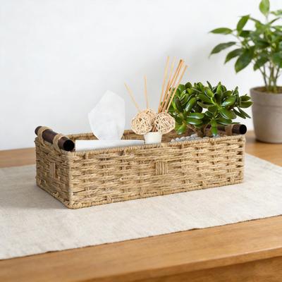 Handwoven Storage Basket Handcrafted Scalloped Basket with Wooden Handles Rustic Toilet Paper Storage Basket for Bathroom Bedroom Storage