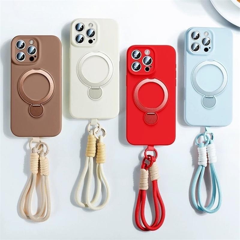 For iPhone 16 Pro Max Luxury Magsafe Magnetic Holder With Lanyard Liquid Silicone Phone Case For iPhone13 14 15 Protective Cover