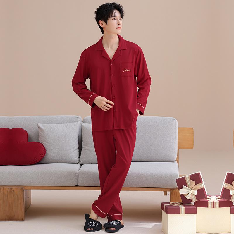 Pure Cotton Red Pajamas Wedding Couple Spring and Autumn One Man and One Woman New Wedding Striped Loungewear Long-sleeved Suit