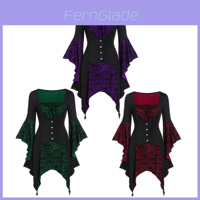 Women's Vintage Skull Head Medieval Gothic Witch Cosplay Costume Dress For Halloween Party
