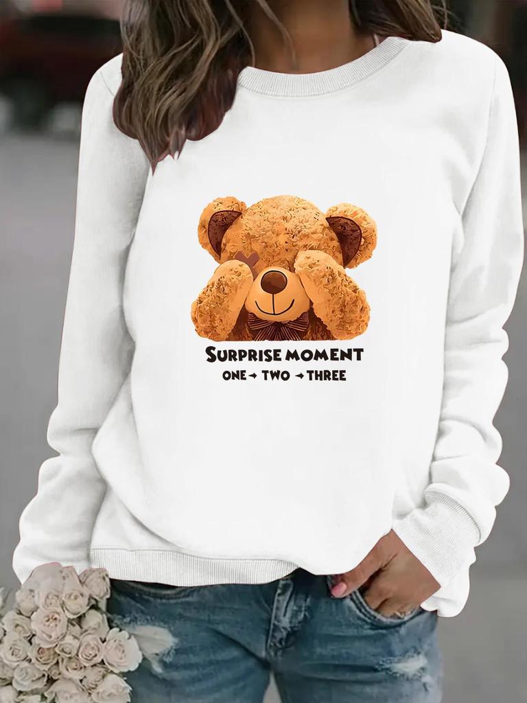 Women's Cartoon Bear Print Long-Sleeve Round Neck Pullover Hoodie - Autumn/Winter Collection