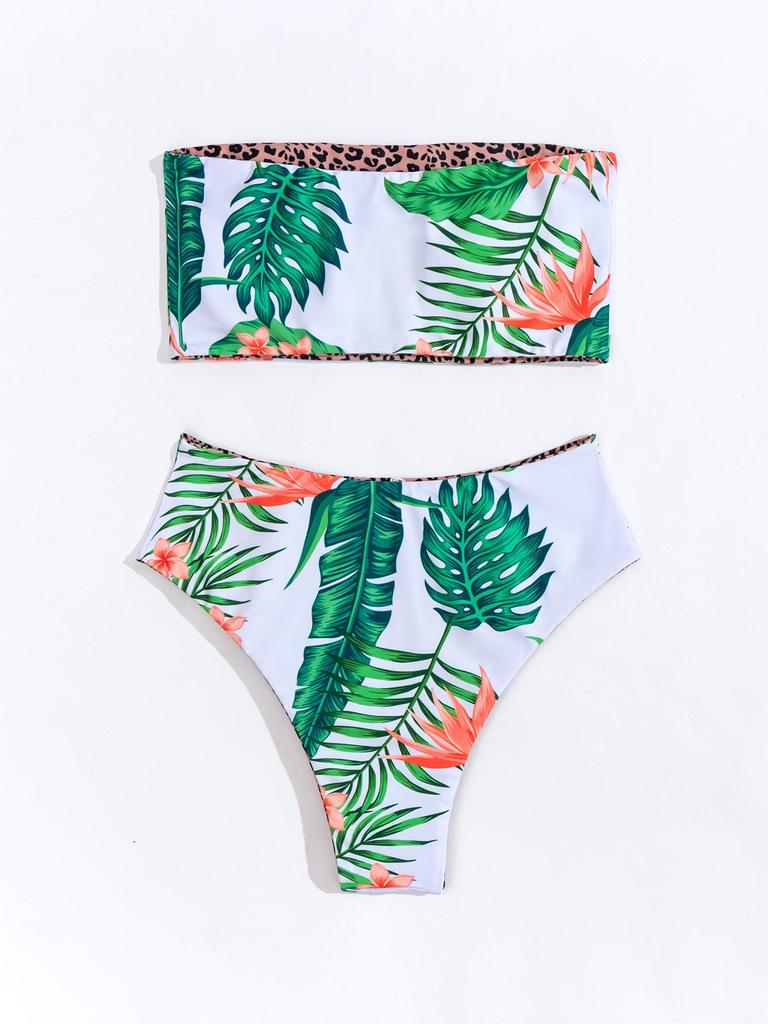 2024 Summer Double-Sided Print Bandeau High Waist Backless Bikini Swimsuit