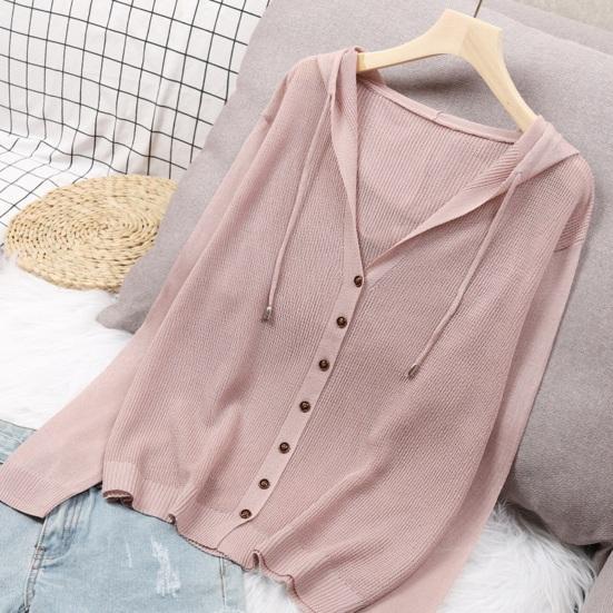 Women Tops Hooded Drawstring Long Sleeve Pure Color Casual Blouse Loose Fit Summer Thin Ice Silk Sun Protection Coat