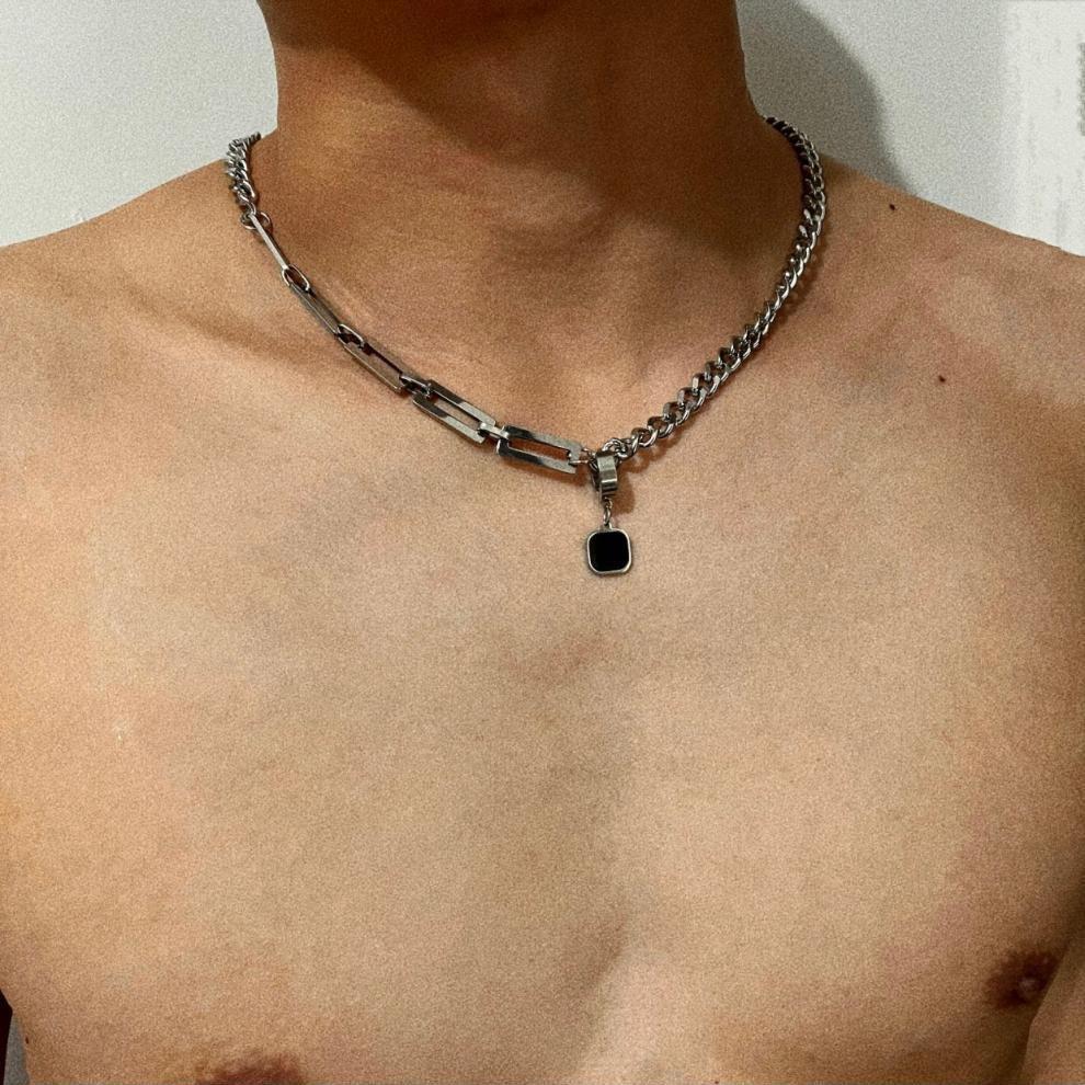 Hip-Hop Minimalist Black Square Stud Earrings & Women's Niche Titanium Steel Spliced Couple Pendant Necklace.