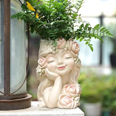 Enigmatic Hand Painted Girl Face Resin Vase for Home Decor, Artistic Fairy Vase For Artificial Flowers, Chic Girl Bust Planter