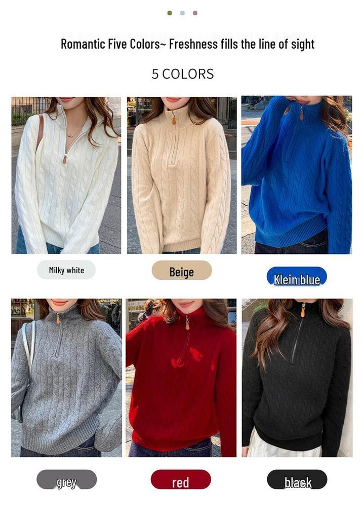 Celebrity Style Cable Knit Half-Zip Sweater: Autumn/Winter Long Sleeve Lapel Top