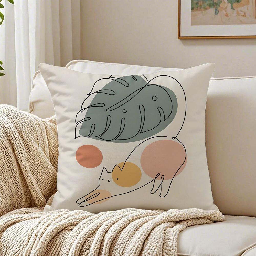 Minimal Casual Simple And Stylish Green Cat Cushion Cover Washable Linen Pillowcase Soft For Daily Sofa Bed Home Room Decor