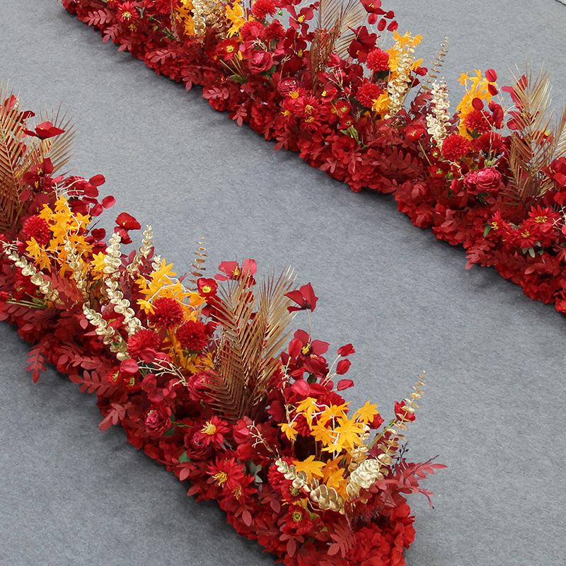 Red Theme Wedding Decoration Set: T-stage, Welcome Area, Ground Row, Aisle, and Flowers in Chinese Style.