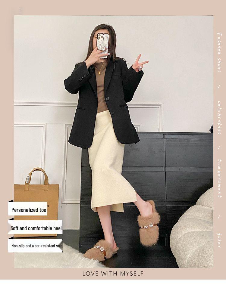 Mules mit Strass und Kaninchenfell mit geschlossener Zehe für Damen, Trendiger Outdoor-Stil 2025